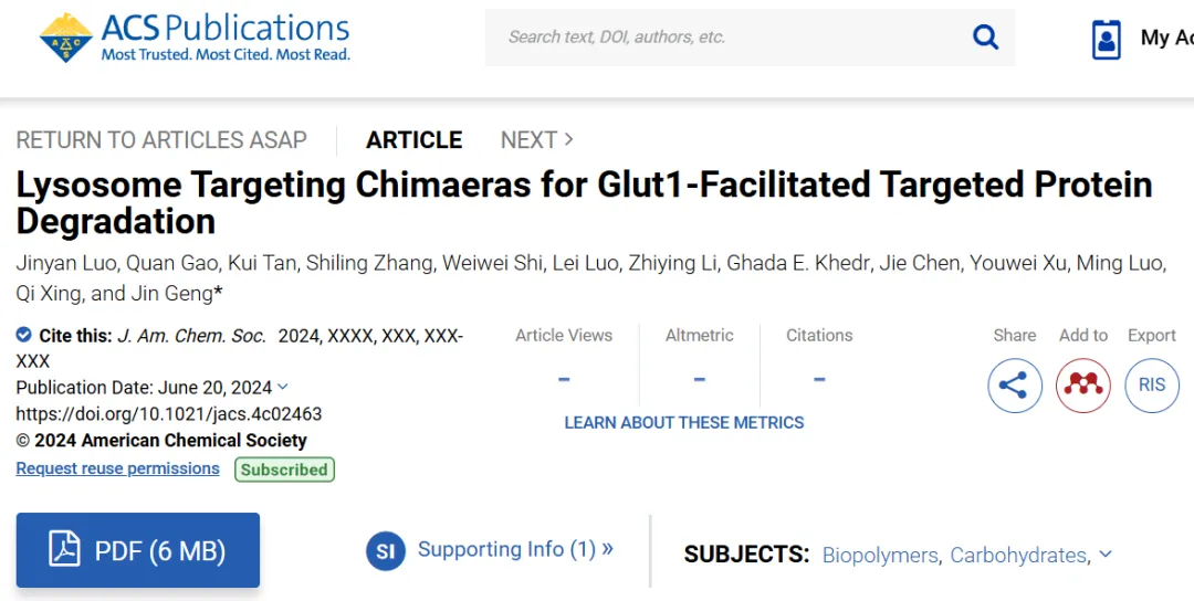 JACS | Glut1介导用于靶向蛋白降解的溶酶体嵌合体技术